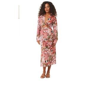MISA sung long sleeve midi dress Cotton Blend V Neck Cut Out Floral Pink new XS